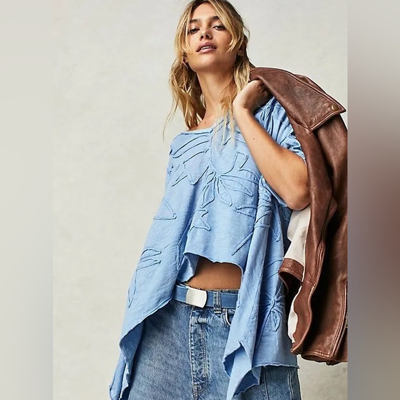 Free People We The Free Blooming Tee Top Dropped Shoulders Blue High - Picture 3 of 14
